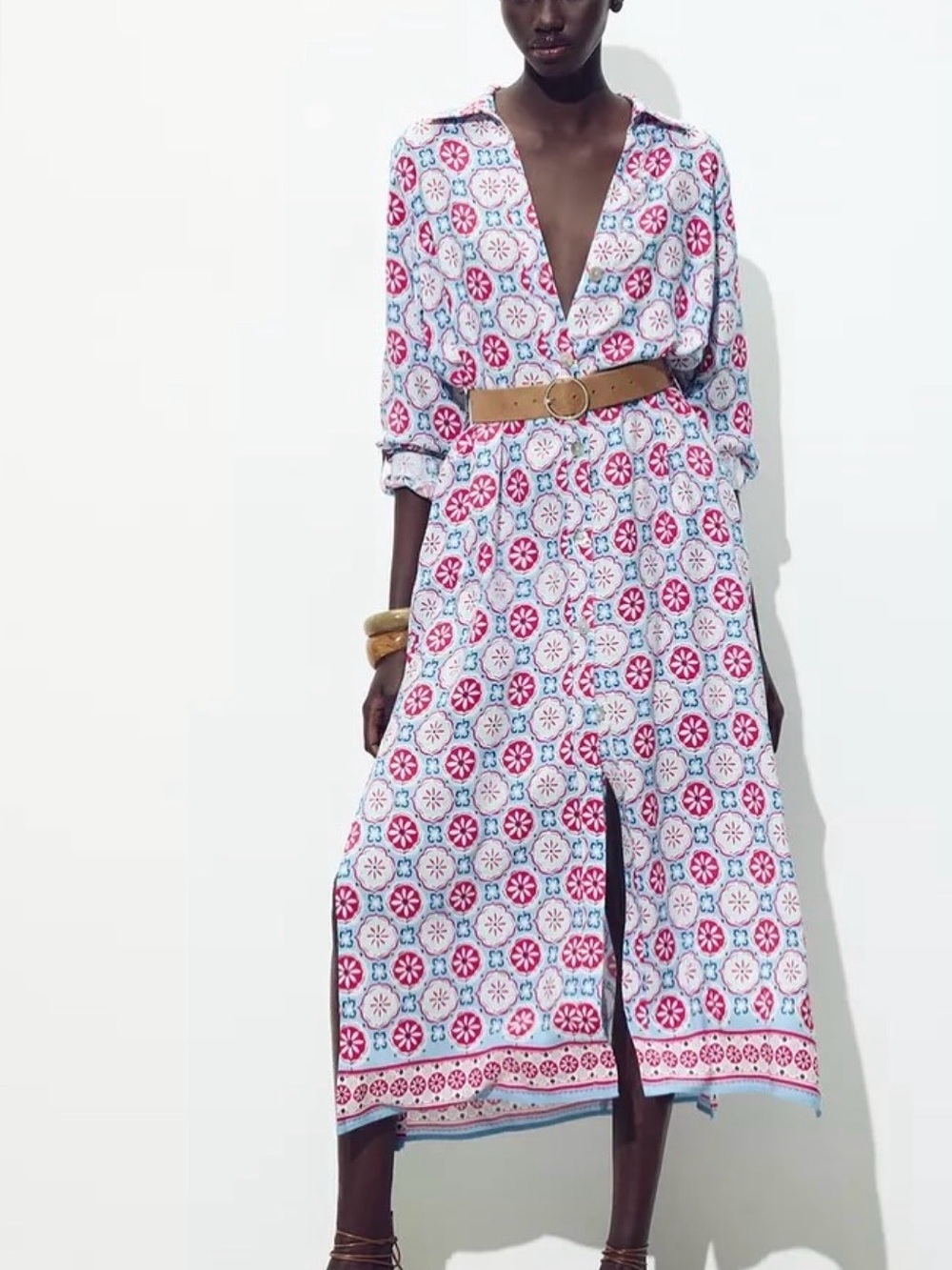 Zara Printed Belted Midi Dress Size Large